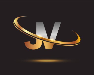 İlk harfi JV logotype şirketi. Renkli altın ve gümüş rengi desenli. Siyah arkaplanda izole.