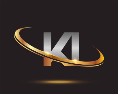 İlk harfi KI logotype şirketi. Renkli altın ve gümüş rengi desenli. Siyah arkaplanda izole.