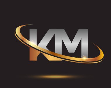 İlk harf KM logotype şirketinin adı altın ve gümüş rengi desenli. Siyah arkaplanda izole.