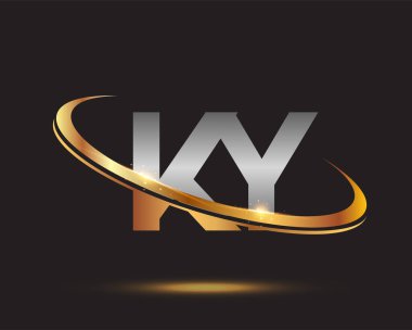 İlk harfi KY logotype şirketi. Renkli altın ve gümüş rengi desenli. Siyah arkaplanda izole.