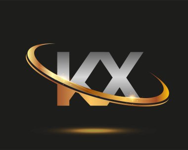İlk harfi KX logotype şirketi. Renkli altın ve gümüş rengi desenli. Siyah arkaplanda izole.