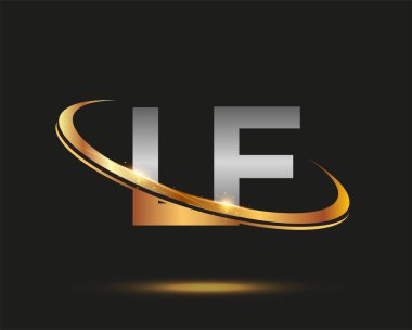 İlk harfi LF logotype şirketi. Renkli altın ve gümüş rengi desenli. Siyah arkaplanda izole.