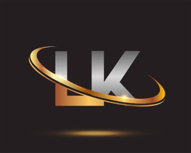 İlk harfi LK logotype şirketi. Renkli altın ve gümüş rengi desenli. Siyah arkaplanda izole.