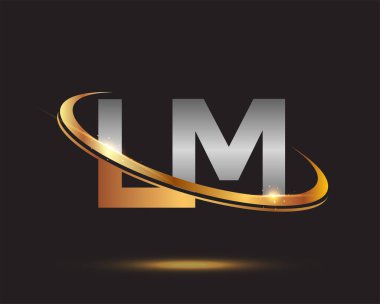 İlk harfi LM logotype şirketi. Renkli altın ve gümüş rengi desenli. Siyah arkaplanda izole.