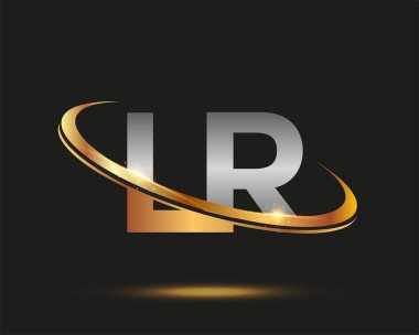 LR logotype şirketinin ilk harfi. Renkli altın ve gümüş rengi desenli. Siyah arkaplanda izole.