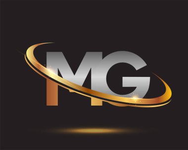 İlk harfi MG logotype şirketi. Renkli altın ve gümüş rengi. Siyah arkaplanda izole.