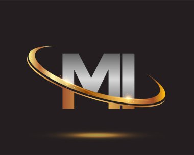 İlk harf MI logotype şirketi. Renkli altın ve gümüş rengi desenli. Siyah arkaplanda izole.