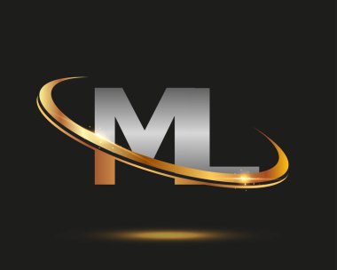 İlk harfi ML logotype şirketi. Renkli altın ve gümüş rengi desenli. Siyah arkaplanda izole.