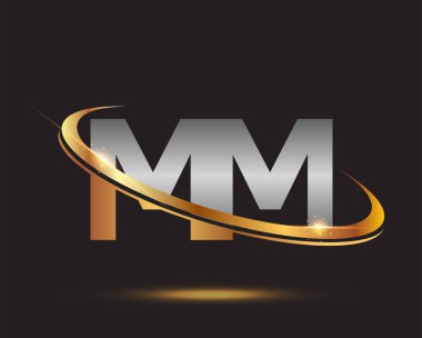 İlk harfi MM logotype şirketi. Renkli altın ve gümüş rengi desenli. Siyah arkaplanda izole.