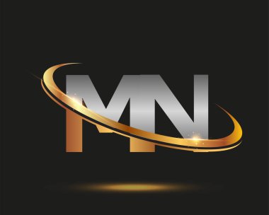 İlk harfi MN logotype şirketi. Renkli altın ve gümüş rengi desenli. Siyah arkaplanda izole.