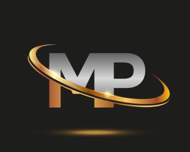İlk harf MP logotype şirketinin adı altın ve gümüş rengi Swoosh tasarımı. Siyah arkaplanda izole.