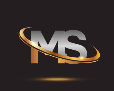 İlk harf MS logotype şirketi. Renkli altın ve gümüş rengi desenli. Siyah arkaplanda izole.