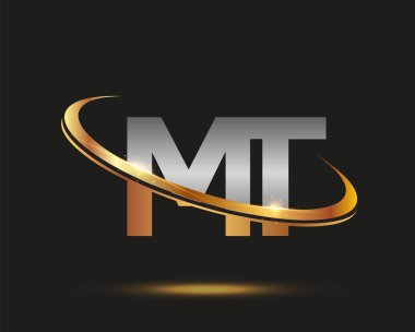 İlk harfi MT logotype şirketi. Renkli altın ve gümüş rengi desenli. Siyah arkaplanda izole.