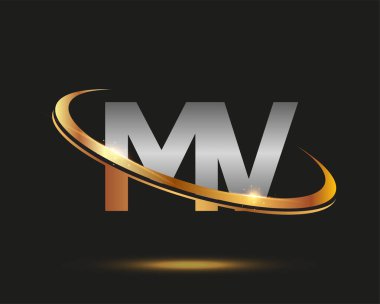 İlk harfi MV logotype şirketi. Renkli altın ve gümüş rengi desenli. Siyah arkaplanda izole.