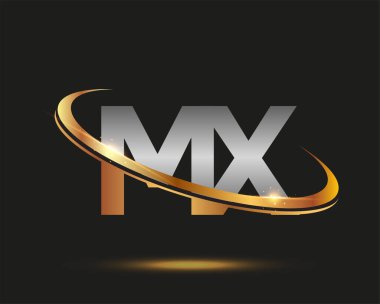 İlk harfi MX logotype şirketi. Renkli altın ve gümüş rengi desenli. Siyah arkaplanda izole.