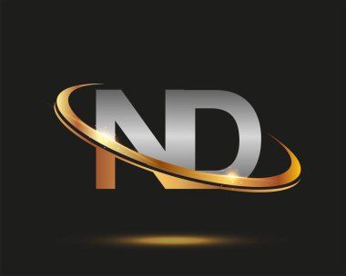 İlk harfi ND logotype şirketi. Renkli altın ve gümüş rengi desenli. Siyah arkaplanda izole.