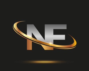İlk harfi NF logotype şirketi. Renkli altın ve gümüş rengi desenli. Siyah arkaplanda izole.
