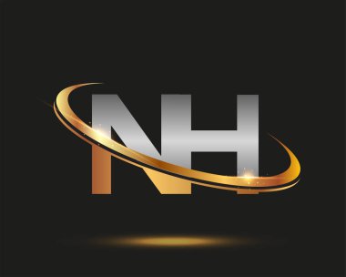 İlk harfi NH logotype şirketi. Renkli altın ve gümüş rengi desenli. Siyah arkaplanda izole.