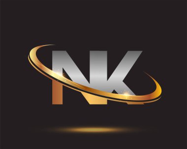 İlk harfi NK logotype şirketi. Renkli altın ve gümüş rengi desenli. Siyah arkaplanda izole.