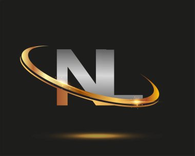 İlk harfi NL logotype şirketi. Renkli altın ve gümüş rengi desenli. Siyah arkaplanda izole.