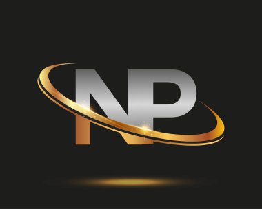 İlk harfi NP logotype şirketi. Renkli altın ve gümüş rengi desenli. Siyah arkaplanda izole.