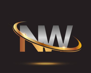 İlk harfi NW logotype şirketi. Renkli altın ve gümüş rengi desenli. Siyah arkaplanda izole.