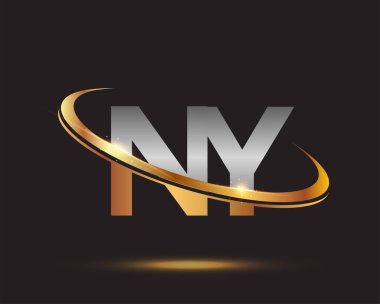 İlk harfi NY logotype şirketi. Renkli altın ve gümüş rengi desenli. Siyah arkaplanda izole.
