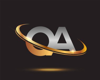 İlk harfi OA logotype şirketi. Renkli altın ve gümüş rengi desenli. Siyah arkaplanda izole.