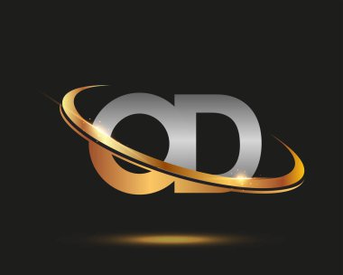 İlk harf aşırı doz logosu. Renkli altın ve gümüş rengi desenli. Siyah arkaplanda izole.