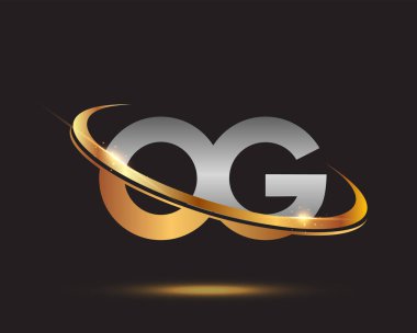 İlk harfi OG logotype şirketi. Renkli altın ve gümüş rengi. Siyah arkaplanda izole.
