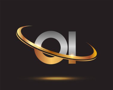 İlk harfi OI logotype şirketi. Renkli altın ve gümüş rengi desenli. Siyah arkaplanda izole.