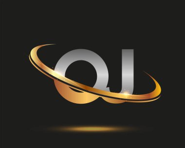 İlk harfi OJ logotype şirketi. Renkli altın ve gümüş rengi desenli. Siyah arkaplanda izole.