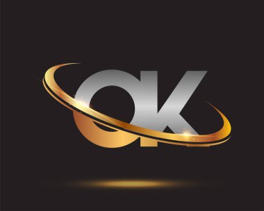 İlk harf OK logotype şirketinin adı altın ve gümüş rengi desenli. Siyah arkaplanda izole.