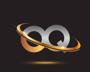 İlk harfi OQ logotype şirketi. Renkli altın ve gümüş rengi desenli. Siyah arkaplanda izole.