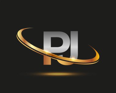 İlk harfi PJ logotype şirketi. Renkli altın ve gümüş rengi desenli. Siyah arkaplanda izole.