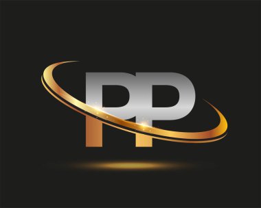 İlk harfi PP logotype şirketi. Renkli altın ve gümüş rengi desenli. Siyah arkaplanda izole.