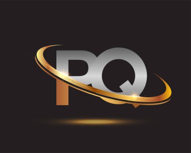 İlk harfi PQ logotype şirketi. Renkli altın ve gümüş rengi desenli. Siyah arkaplanda izole.