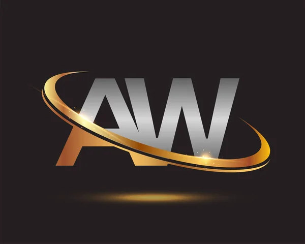 最初的字母Aw标志类型公司的名称有色黄金和银Swoosh设计 在黑色背景上隔离 — 图库矢量图片