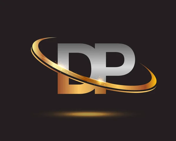 最初的字母Dp标志类型公司的名称彩色的黄金和银Swoosh设计 在黑色背景上隔离 — 图库矢量图片
