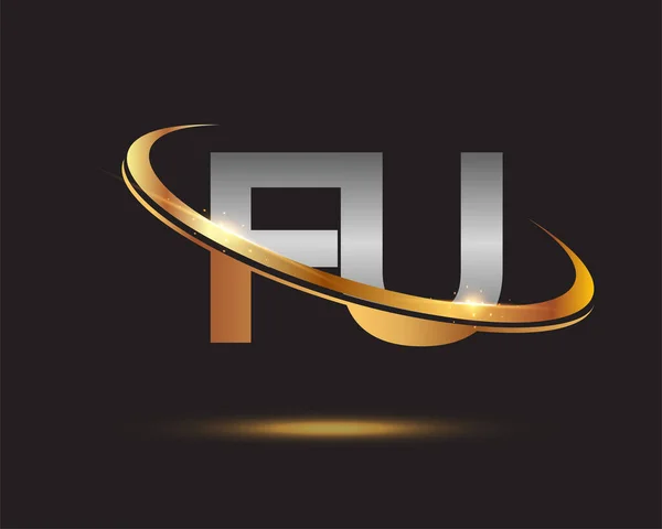 首字母Fu标志公司的名称有色金色和银色Swoosh设计 在黑色背景上隔离 — 图库矢量图片