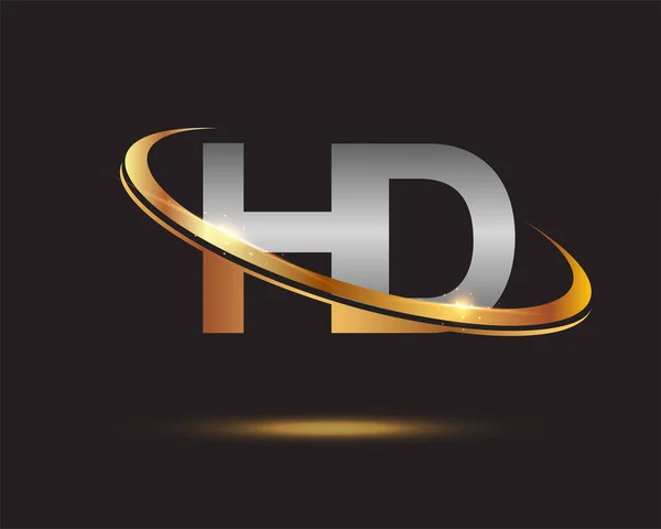 首字母Hd标志公司名称彩色黄金和银粉设计 在黑色背景上隔离 — 图库矢量图片