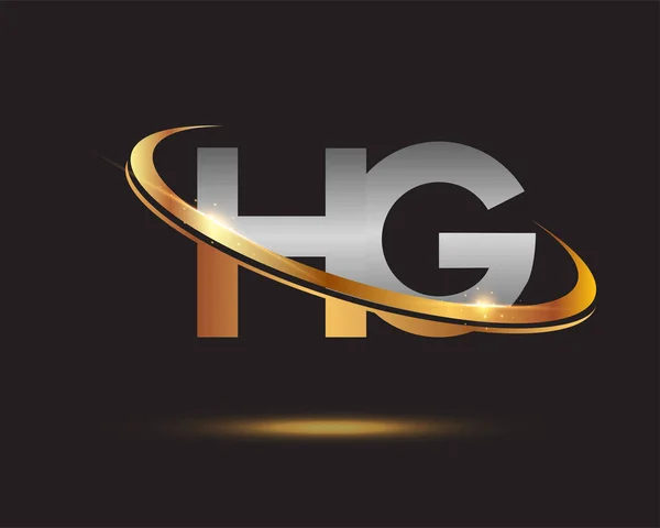 最初的字母Hg标志公司的名称有色黄金和银Swoosh设计 在黑色背景上隔离 — 图库矢量图片