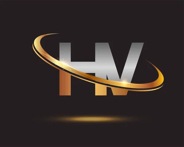 最初的字母Hv标志公司的名称有色黄金和银Swoosh设计 在黑色背景上隔离 — 图库矢量图片