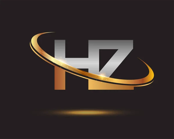 最初の文字Hzロゴタイプ会社の名前は金と銀のスウッシュのデザインを着色しました 黒い背景に隔離され — ストックベクタ