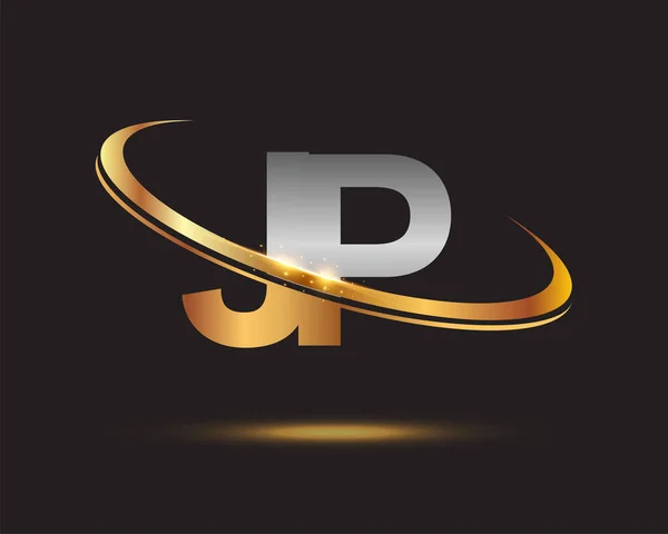 首字母Jp标志型公司名称彩色黄金和银粉设计 在黑色背景上隔离 — 图库矢量图片