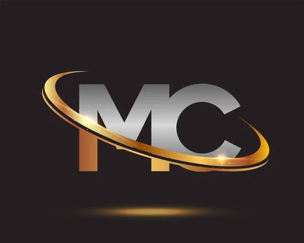 最初的字母Mc标志公司的名称彩色的黄金和银Swoosh设计 在黑色背景上隔离 — 图库矢量图片