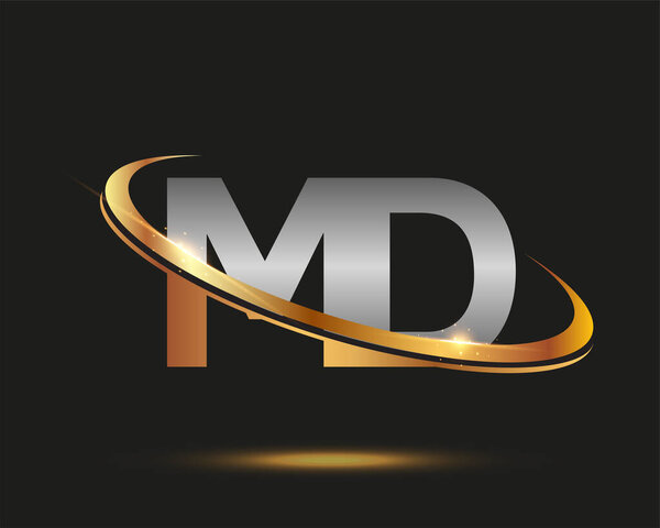 initial letter MD logotype company name colored gold and silver swoosh design. isolated on black background.