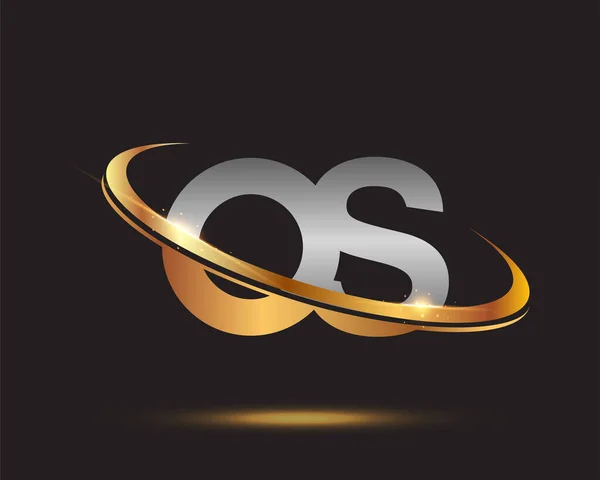 最初的字母Os标识公司的名称有色黄金和银Swoosh设计 在黑色背景上隔离 — 图库矢量图片