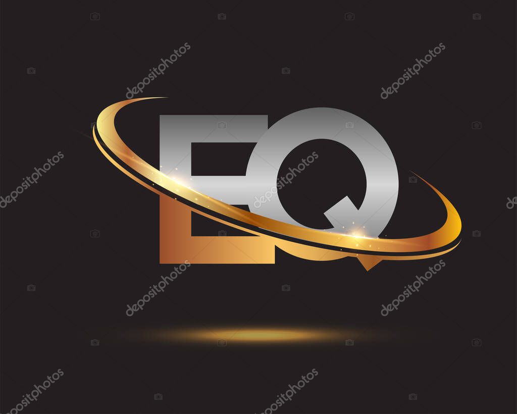 Initial letter EQ logotype company name colored gold and silver swoosh design. isolated on black background.