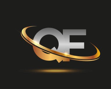 İlk harfi QF logotype şirketi. Renkli altın ve gümüş rengi desenli. Siyah arkaplanda izole.